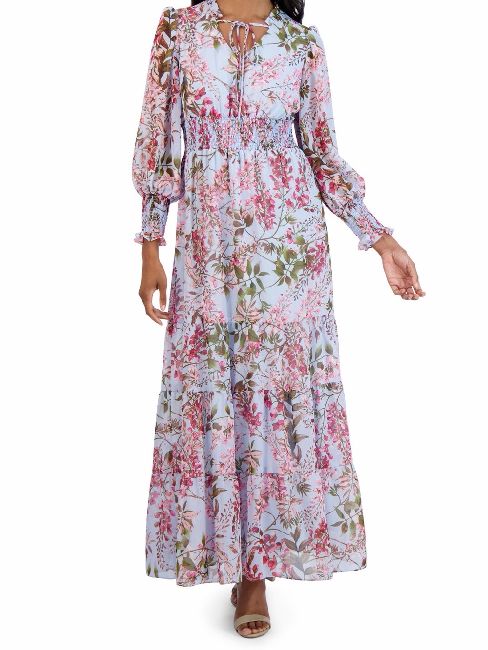 Julia Jordan Floral Chiffon Tiered Maxi Dress in Light Blue Multi